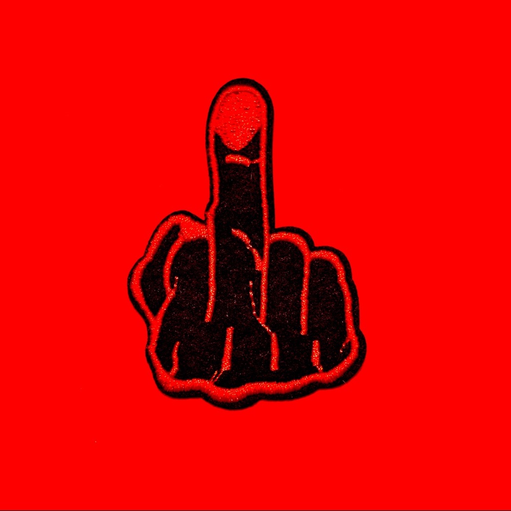 Red outlined middle finger iron On patch